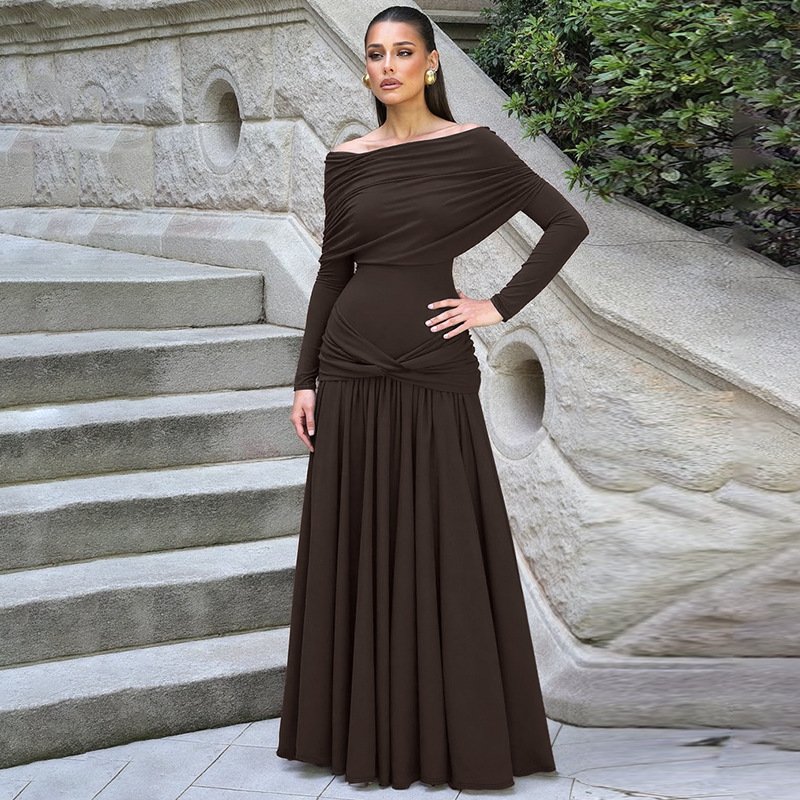 Off-neck Cinched Pleated Long Sleeve Dress - Image 5