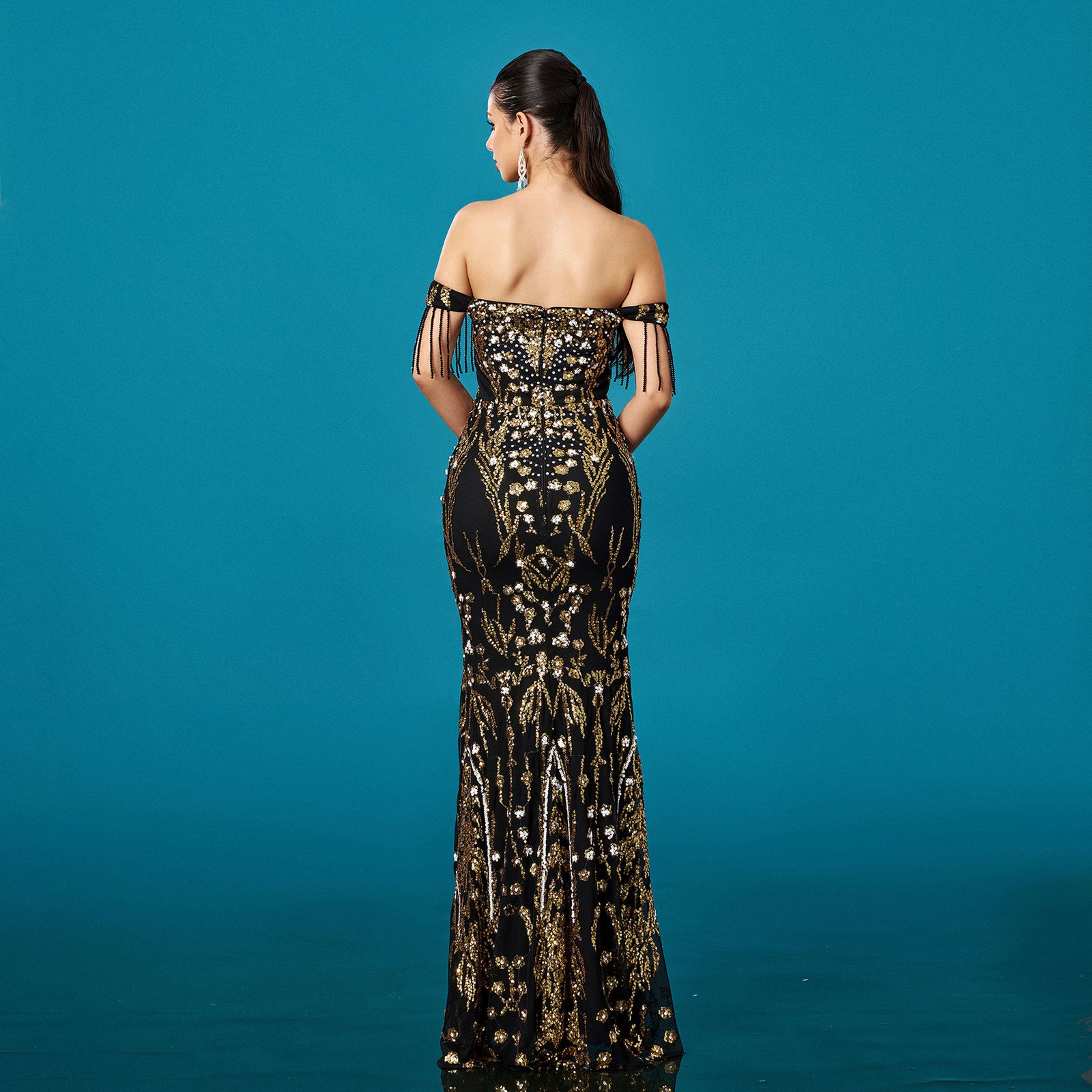 Off-neck Tassel Sequined Fishtail Evening Dress - Image 5
