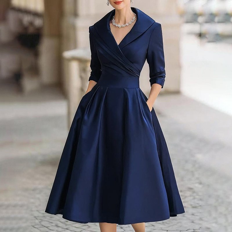 Women's Elegant Solid Cross V-Neck Midi Dress - Image 4