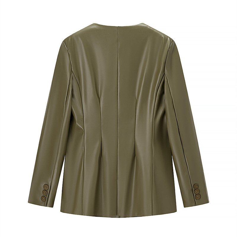 Women's Long-sleeved V-neck Leather Jacket - Image 2