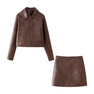 Women's Retro Lapels Long-sleeved Zipper Leather Jacket