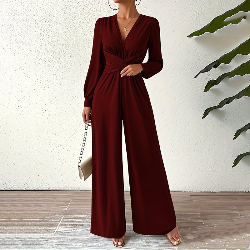 Women's Elegant Jumpsuit With Cross V-Neck & Long Sleeve Solid Color Belted Wide Leg Pantsuit For Office And Formal - Image 8