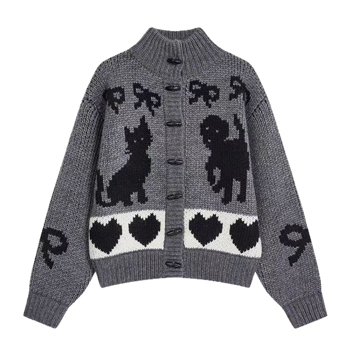 Pattern Stand Collar Knitted Coat For Women - Image 7
