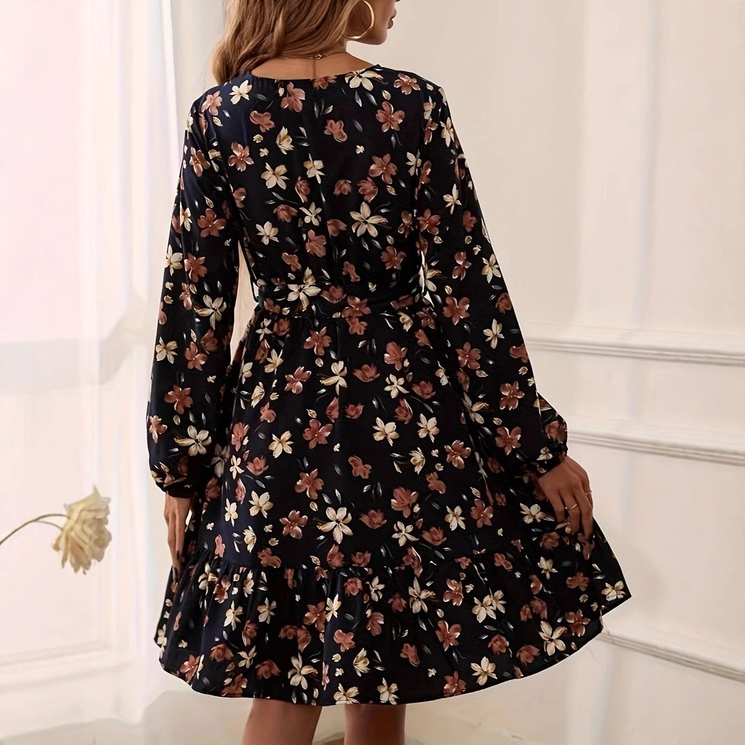 New Long Sleeve Cross Collar Elastic Waist Belt Printed Dress - Image 2