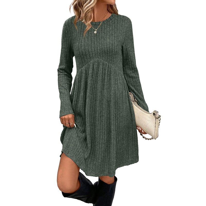 Women's Solid Color Long Sleeve Knit Dress Round Neck Pocket Shift Dress For Spring & Fall - Image 2