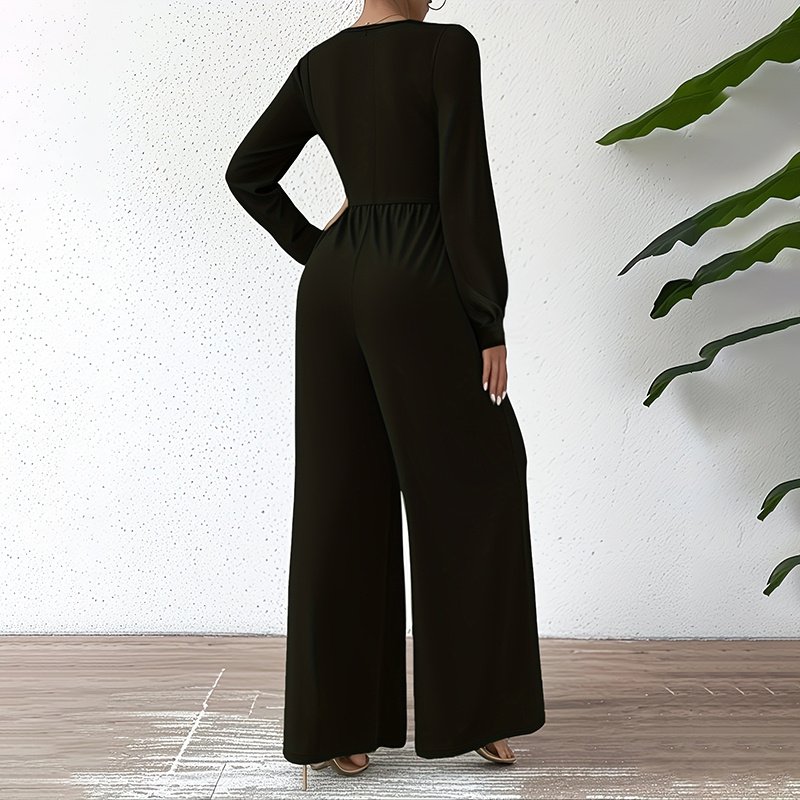 Women's Elegant Jumpsuit With Cross V-Neck & Long Sleeve Solid Color Belted Wide Leg Pantsuit For Office And Formal - Image 4