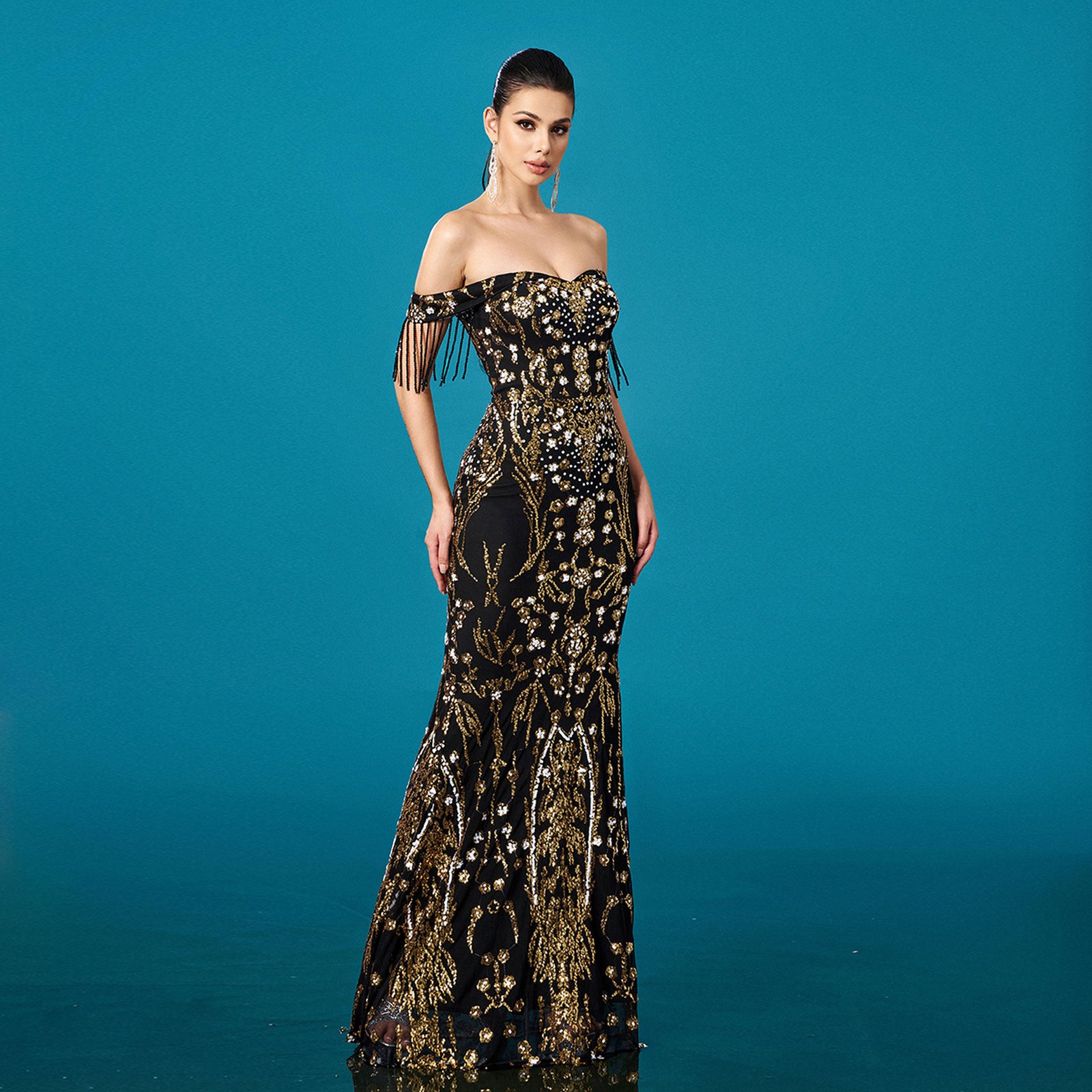 Off-neck Tassel Sequined Fishtail Evening Dress - Image 2