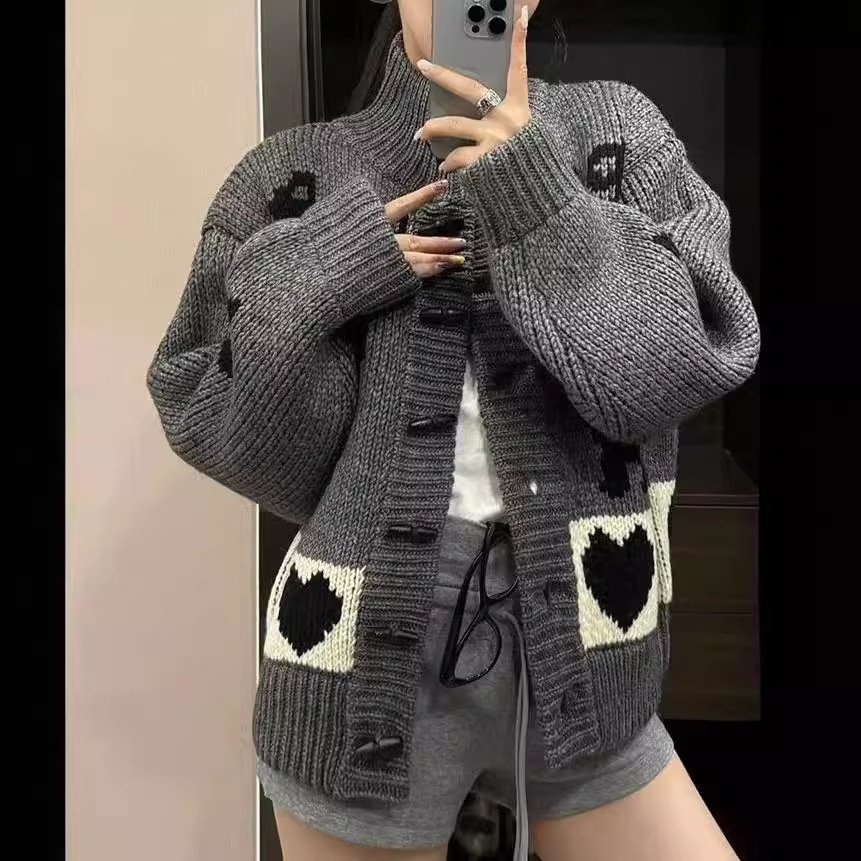 Pattern Stand Collar Knitted Coat For Women - Image 2