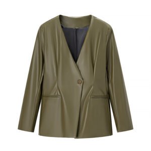 Women's Long-sleeved V-neck Leather Jacket