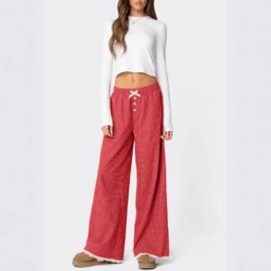 Women's Pastoral Style Plaid Printed Straight Elastic Casual Pants