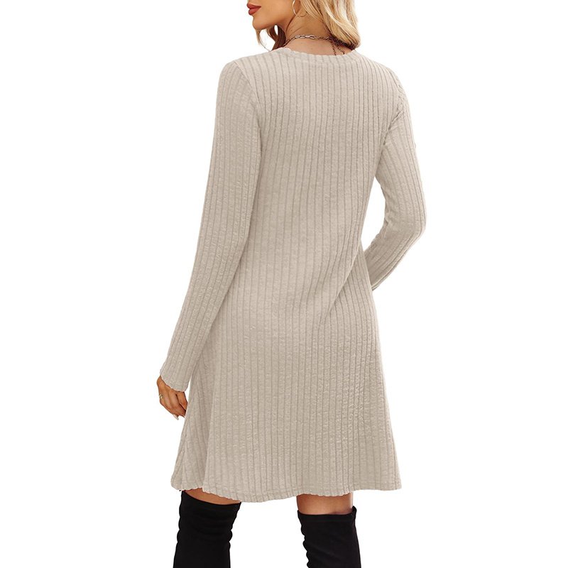 Women's Solid Color Long Sleeve Knit Dress Round Neck Pocket Shift Dress For Spring & Fall - Image 9
