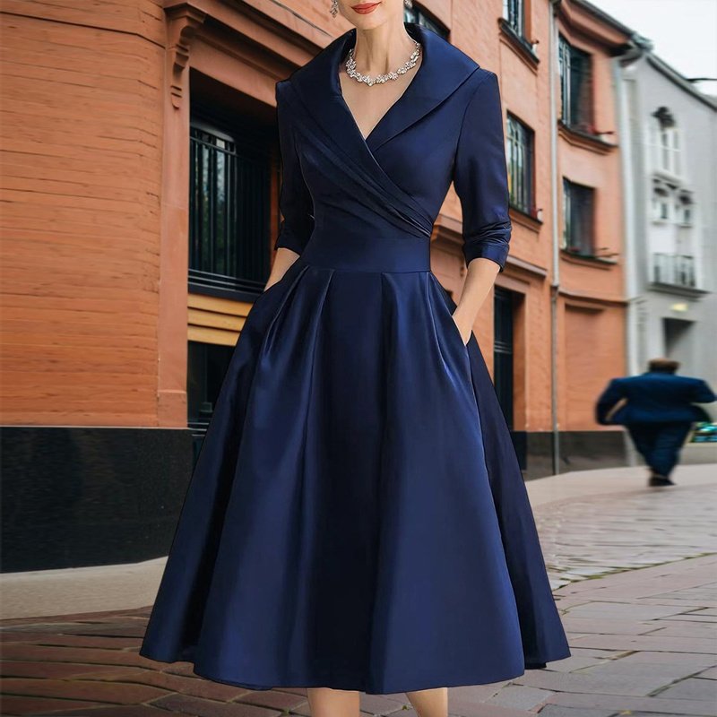 Women's Elegant Solid Cross V-Neck Midi Dress - Image 9