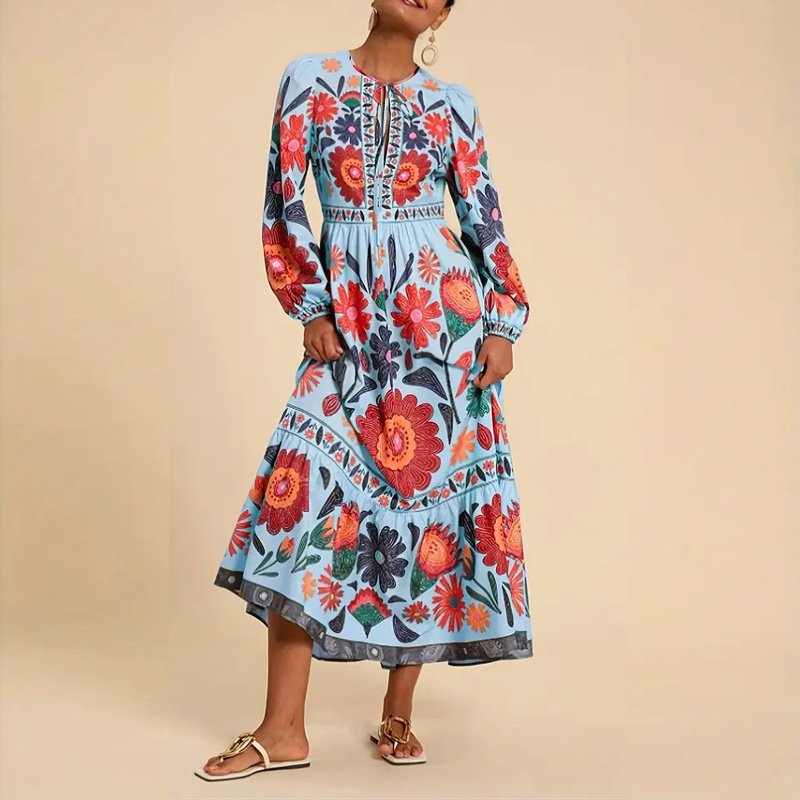 Women's Bohemian Floral Print Dress Cuff Long Sleeve Round Neck Maxi Dress For Spring&Fall - Image 9