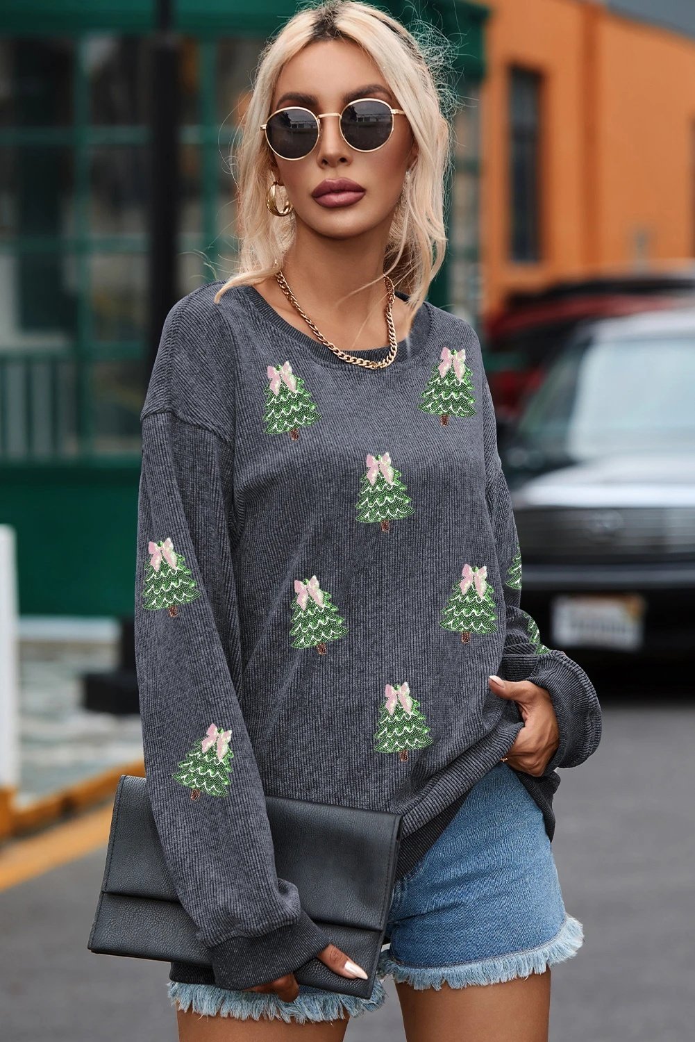 Round Neck Sequins Christmas Tree Rib Sweater For Women - Image 4