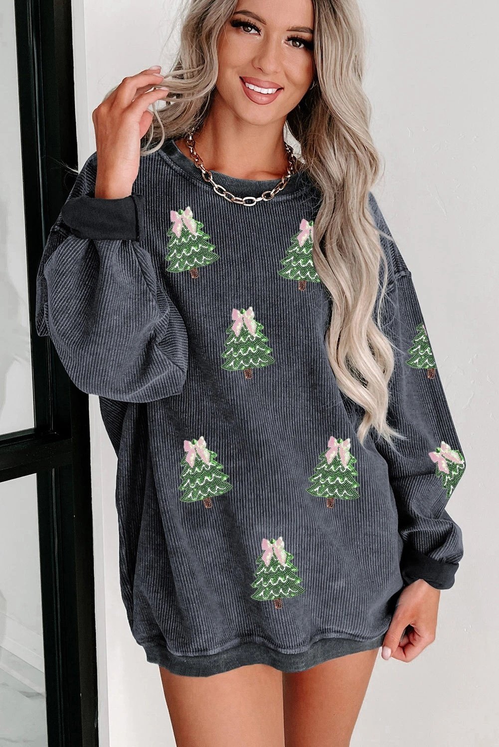 Round Neck Sequins Christmas Tree Rib Sweater For Women - Image 5