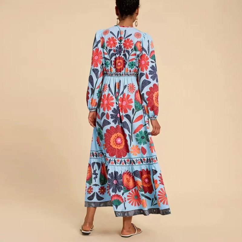 Women's Bohemian Floral Print Dress Cuff Long Sleeve Round Neck Maxi Dress For Spring&Fall - Image 4