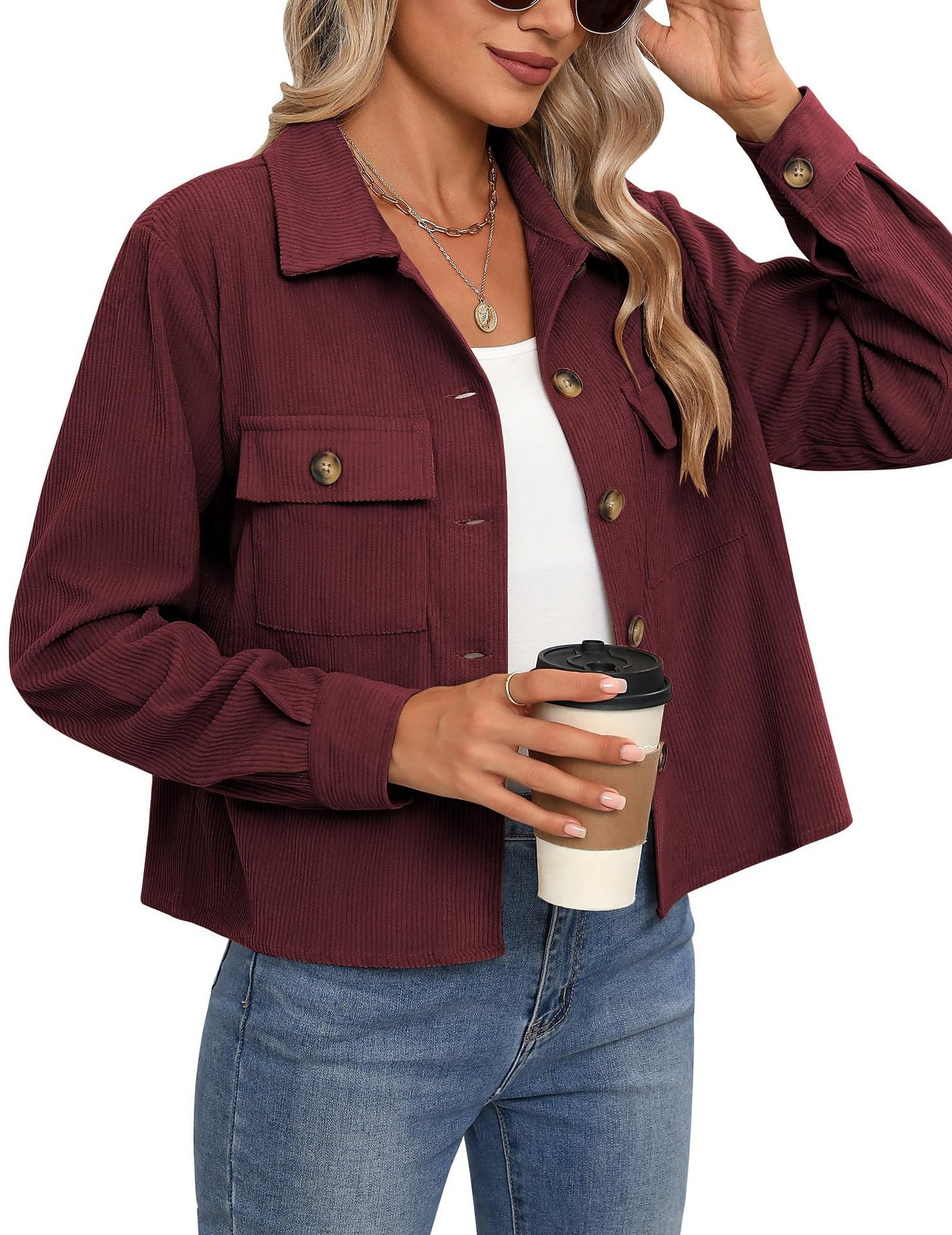 Women's Fashion Casual Short Short Corduroy Button Jacket - Image 2