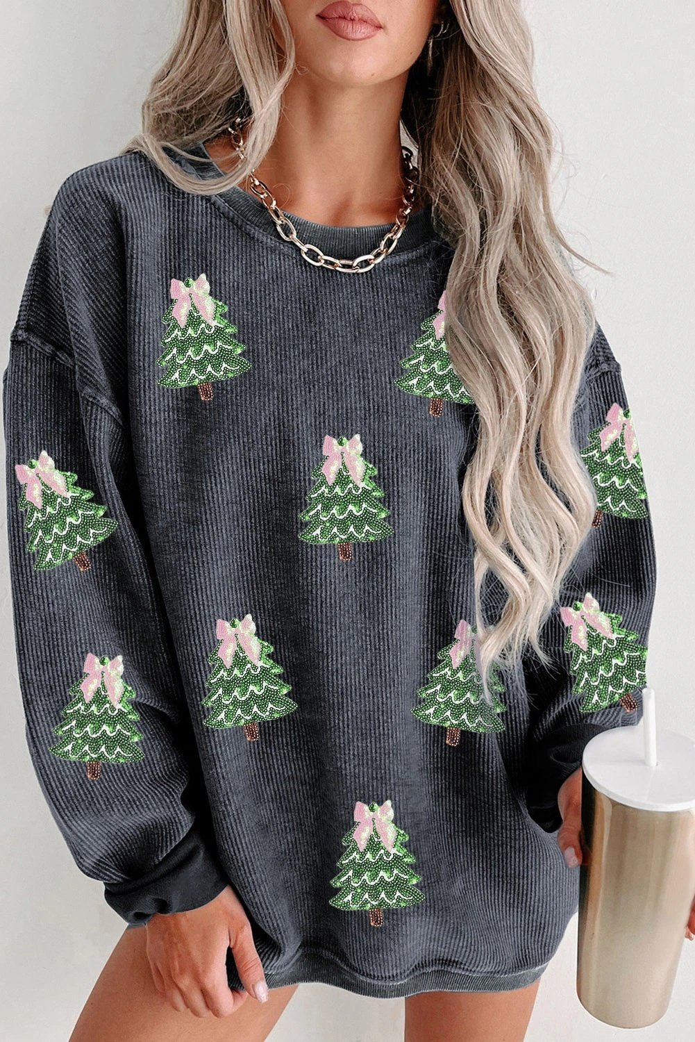 Round Neck Sequins Christmas Tree Rib Sweater For Women - Image 3