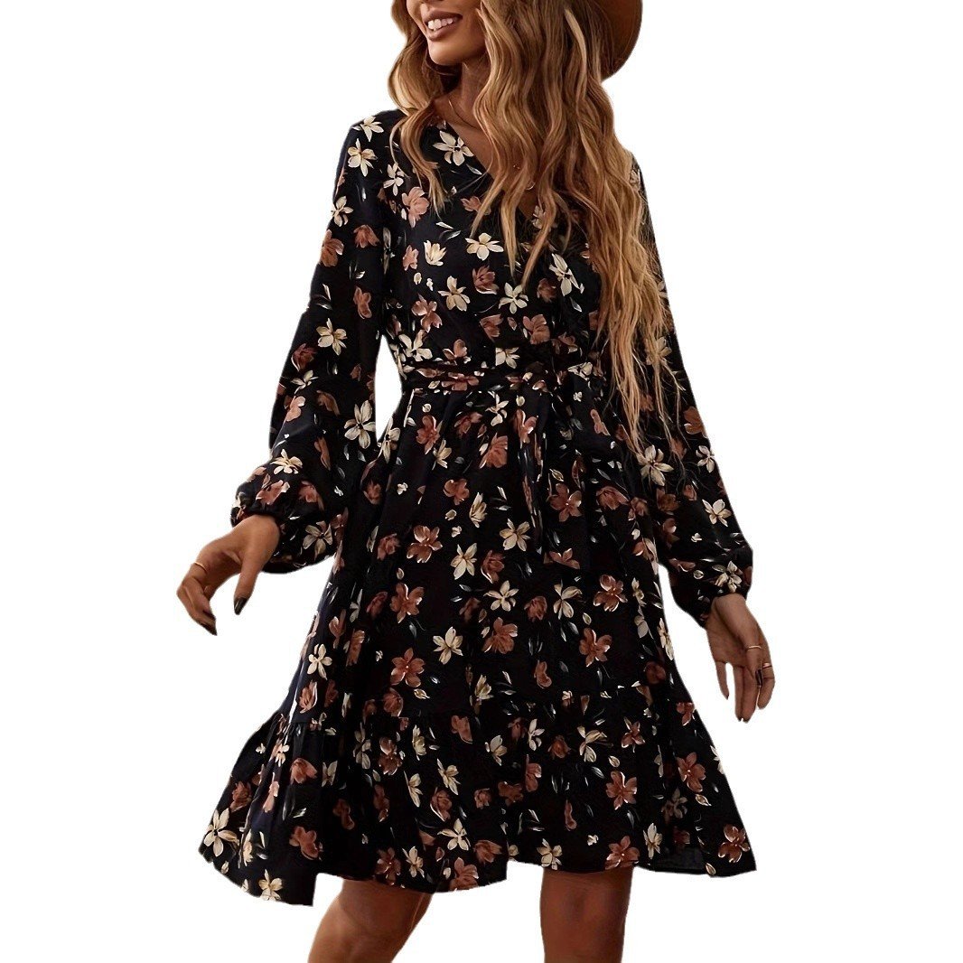 New Long Sleeve Cross Collar Elastic Waist Belt Printed Dress - Image 3