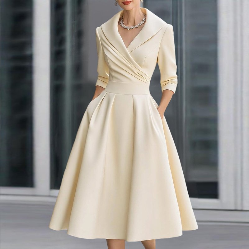 Women's Elegant Solid Cross V-Neck Midi Dress - Image 2