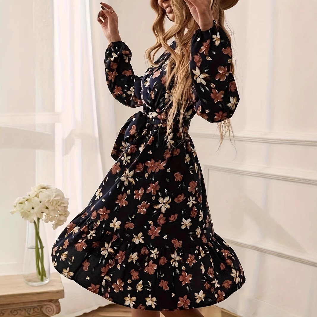 New Long Sleeve Cross Collar Elastic Waist Belt Printed Dress - Image 5