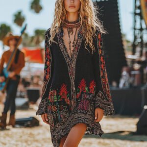 Women's Long Sleeved V-Neck Short Dress, Western Retro Floral Print Smock Dress For Spring & Summer