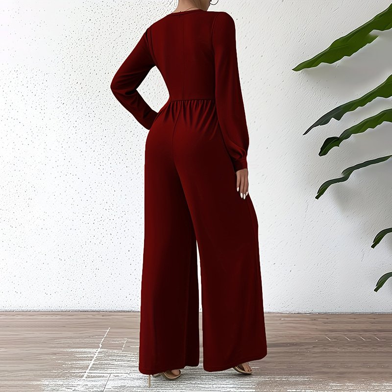 Women's Elegant Jumpsuit With Cross V-Neck & Long Sleeve Solid Color Belted Wide Leg Pantsuit For Office And Formal - Image 7