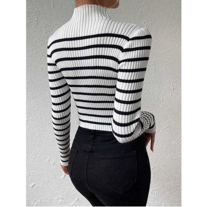 Fashion Long Sleeve Sunken Stripe Turtleneck Casual Slim Striped Sweater - Image 3