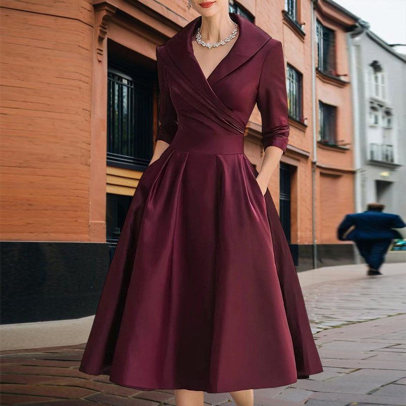 Women's Elegant Solid Cross V-Neck Midi Dress - Image 7