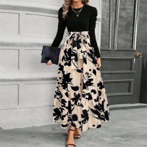 Women's Round Neck Long Sleeve Dress, Patchwork Print & Pleated Maxi Dress With Waist Bow For Spring & Fall
