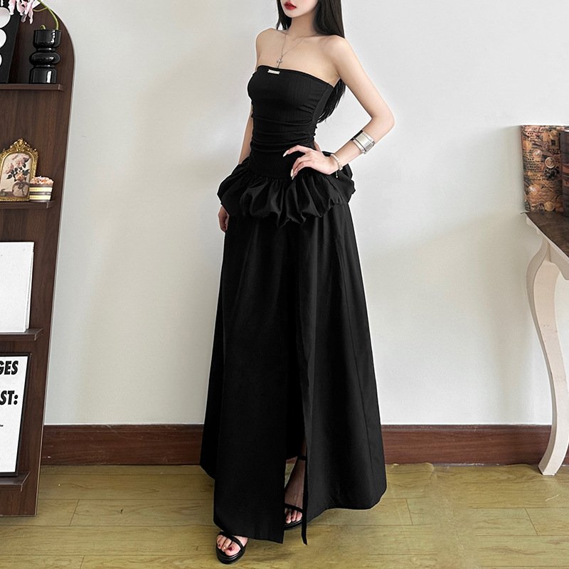 New Women's Solid Color Slim-fit High Waist Fashion Off-neck Split Dress - Image 2