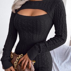 Autumn And Winter Sexy Hollow-out Cable-knit Waist-cinching Bodycon  Dress