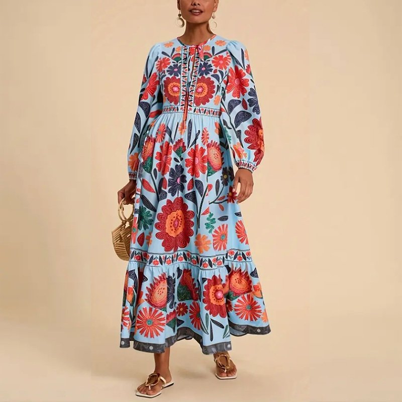 Women's Bohemian Floral Print Dress Cuff Long Sleeve Round Neck Maxi Dress For Spring&Fall - Image 7
