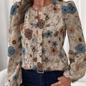 Women's Floral Print Notched Collar Shirt Elegant