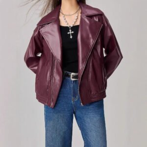 Loose-fitting Long Sleeves Leather Jacket