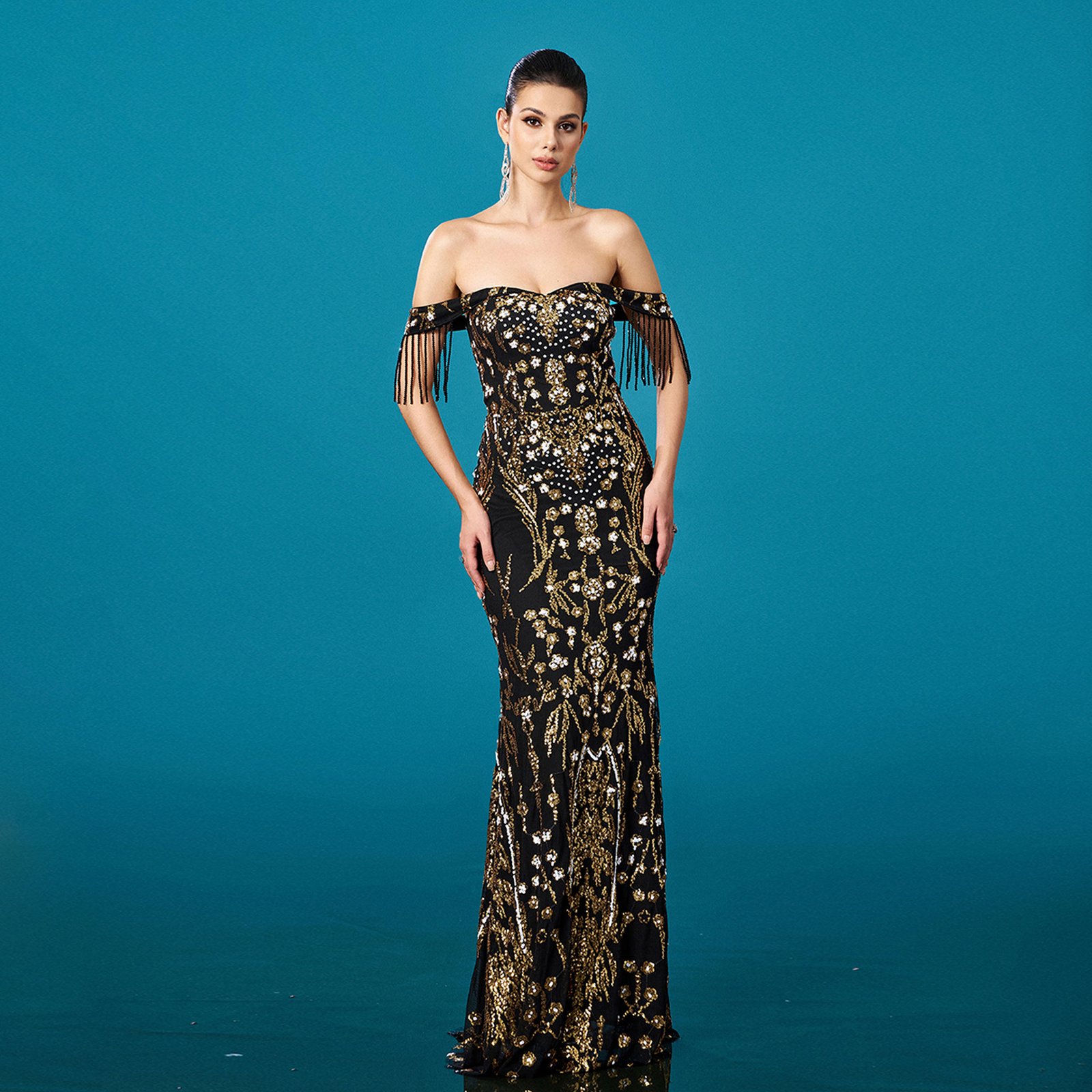 Off-neck Tassel Sequined Fishtail Evening Dress