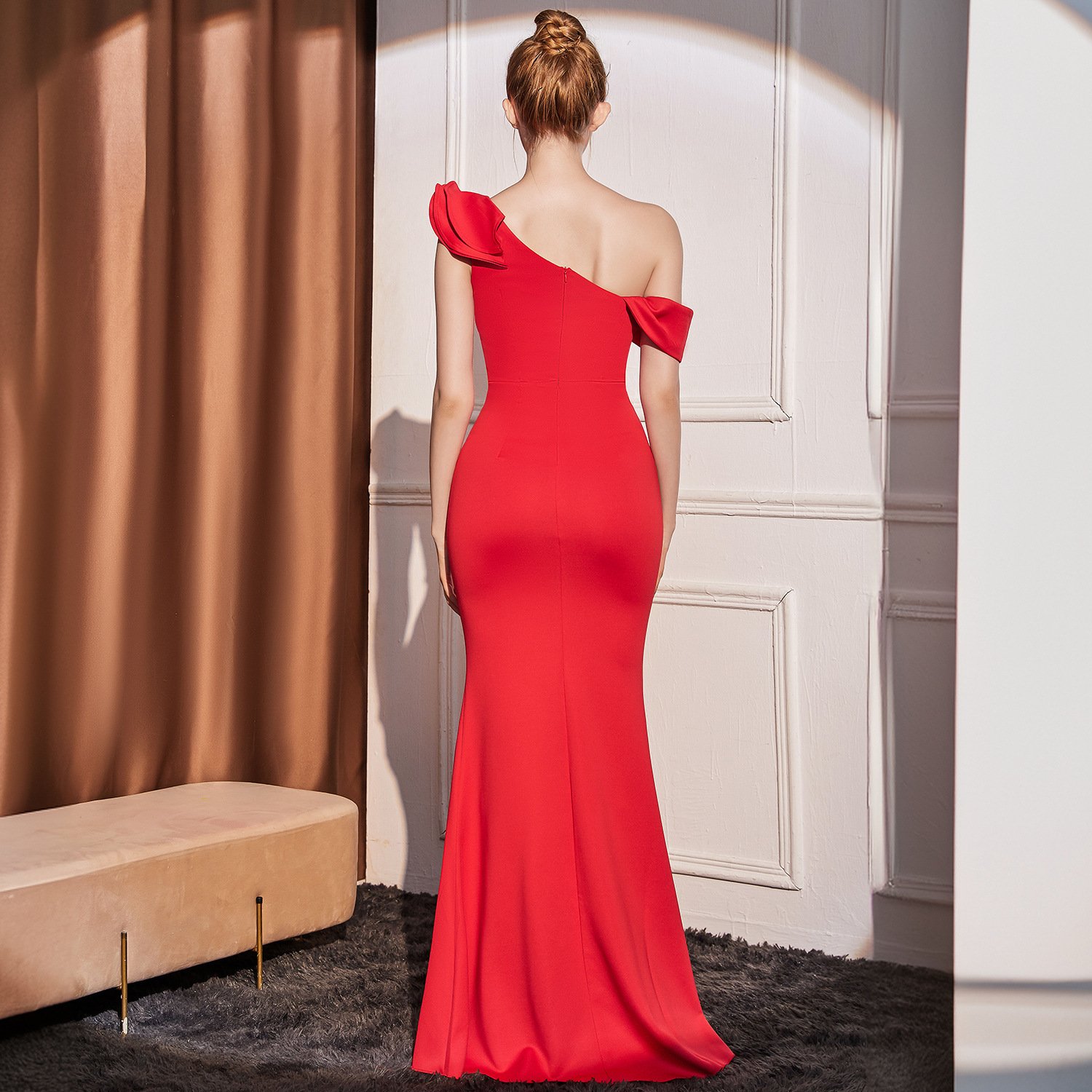 High-end Slant Shoulder Slimming Long Dress - Image 8