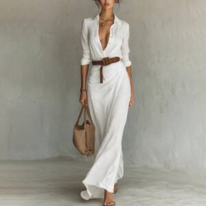 Women Long Sleeve Ruched Elegant Maxi Dress Button Down Shirt Long Dress With Belts