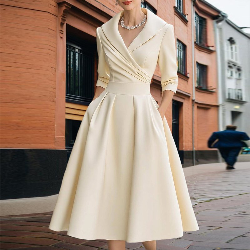 Women's Elegant Solid Cross V-Neck Midi Dress