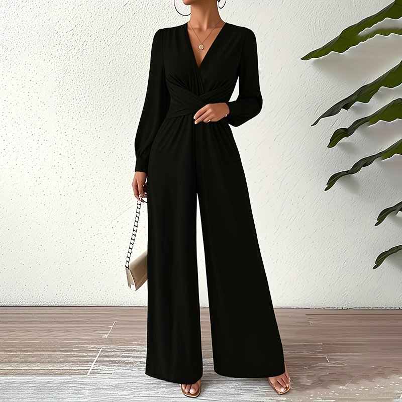 Women's Elegant Jumpsuit With Cross V-Neck & Long Sleeve Solid Color Belted Wide Leg Pantsuit For Office And Formal - Image 3