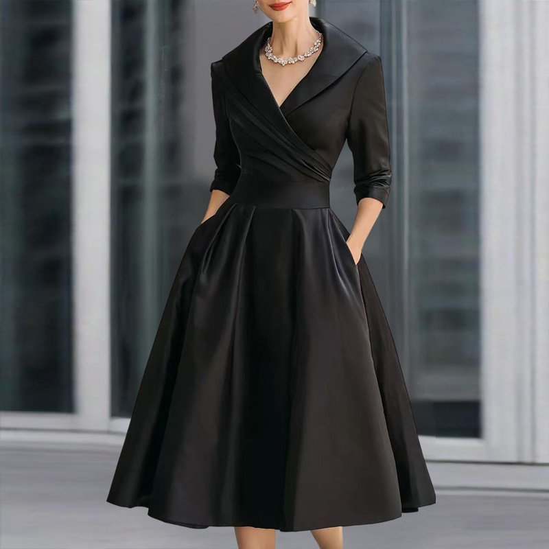 Women's Elegant Solid Cross V-Neck Midi Dress - Image 5