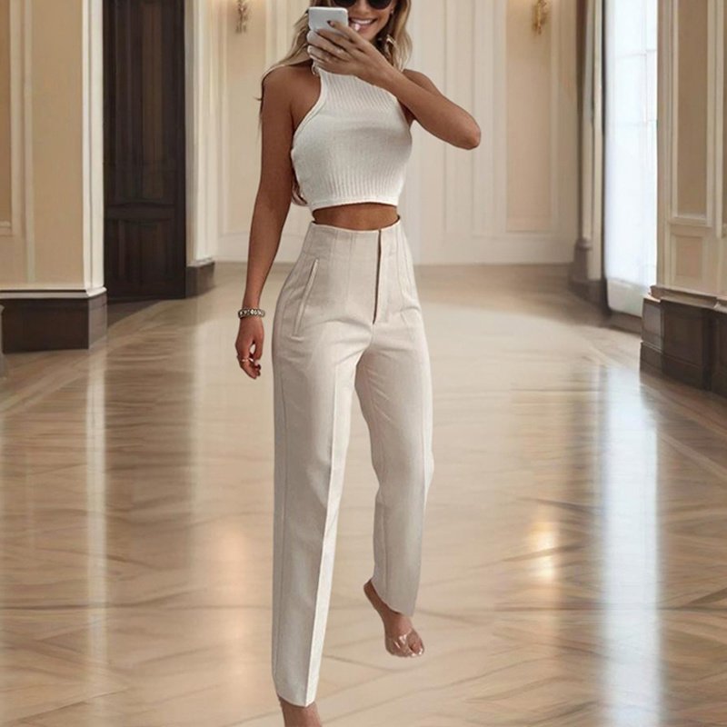 Women's High-Waisted Straight Leg Pants Casual Solid Color - Image 3