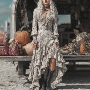 Women's Sexy Deep V Neck Dress, Elegant Bow Tie Front Lantern Sleeve Asymmetrical Tiered Ruffle Dress