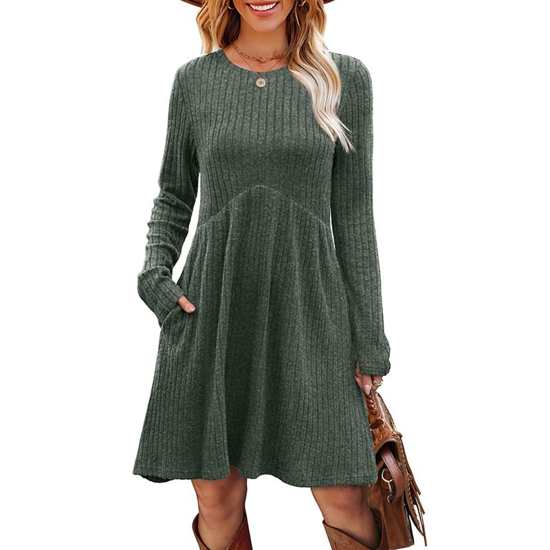 Women's Solid Color Long Sleeve Knit Dress Round Neck Pocket Shift Dress For Spring & Fall - Image 6