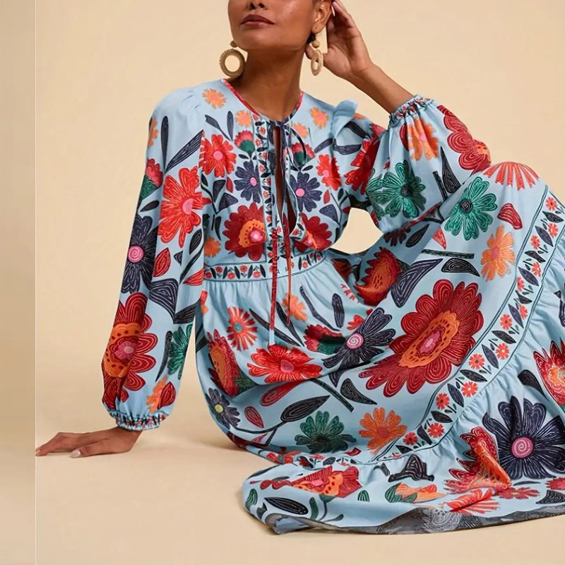 Women's Bohemian Floral Print Dress Cuff Long Sleeve Round Neck Maxi Dress For Spring&Fall - Image 6