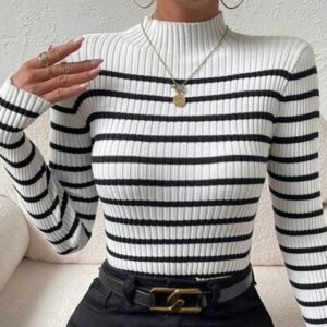 Fashion Long Sleeve Sunken Stripe Turtleneck Casual Slim Striped Sweater