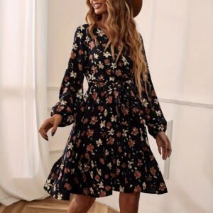 New Long Sleeve Cross Collar Elastic Waist Belt Printed Dress
