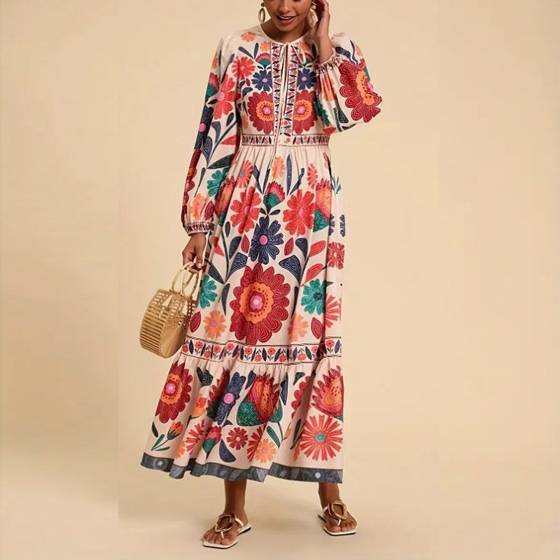 Women's Bohemian Floral Print Dress Cuff Long Sleeve Round Neck Maxi Dress For Spring&Fall - Image 10