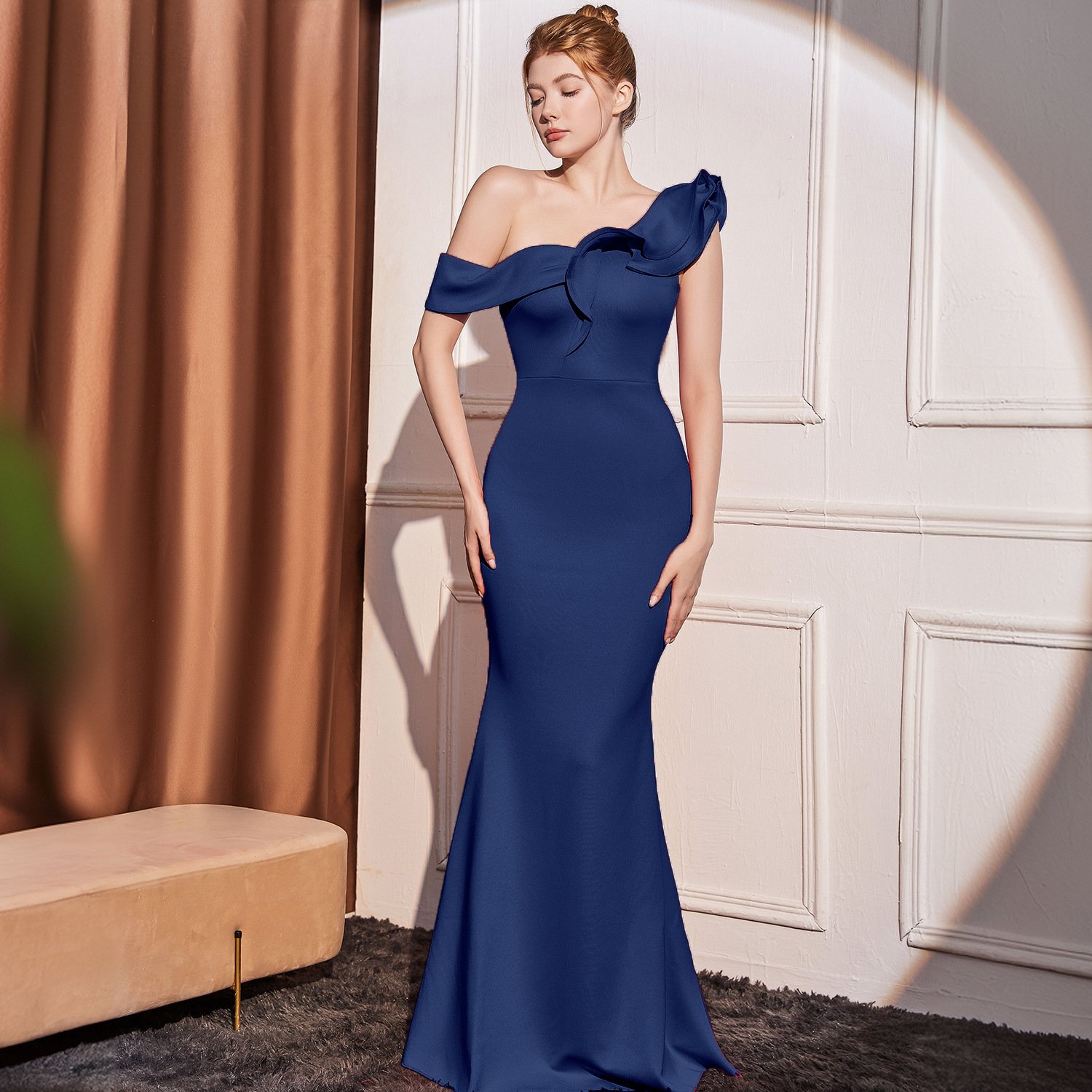 High-end Slant Shoulder Slimming Long Dress - Image 7