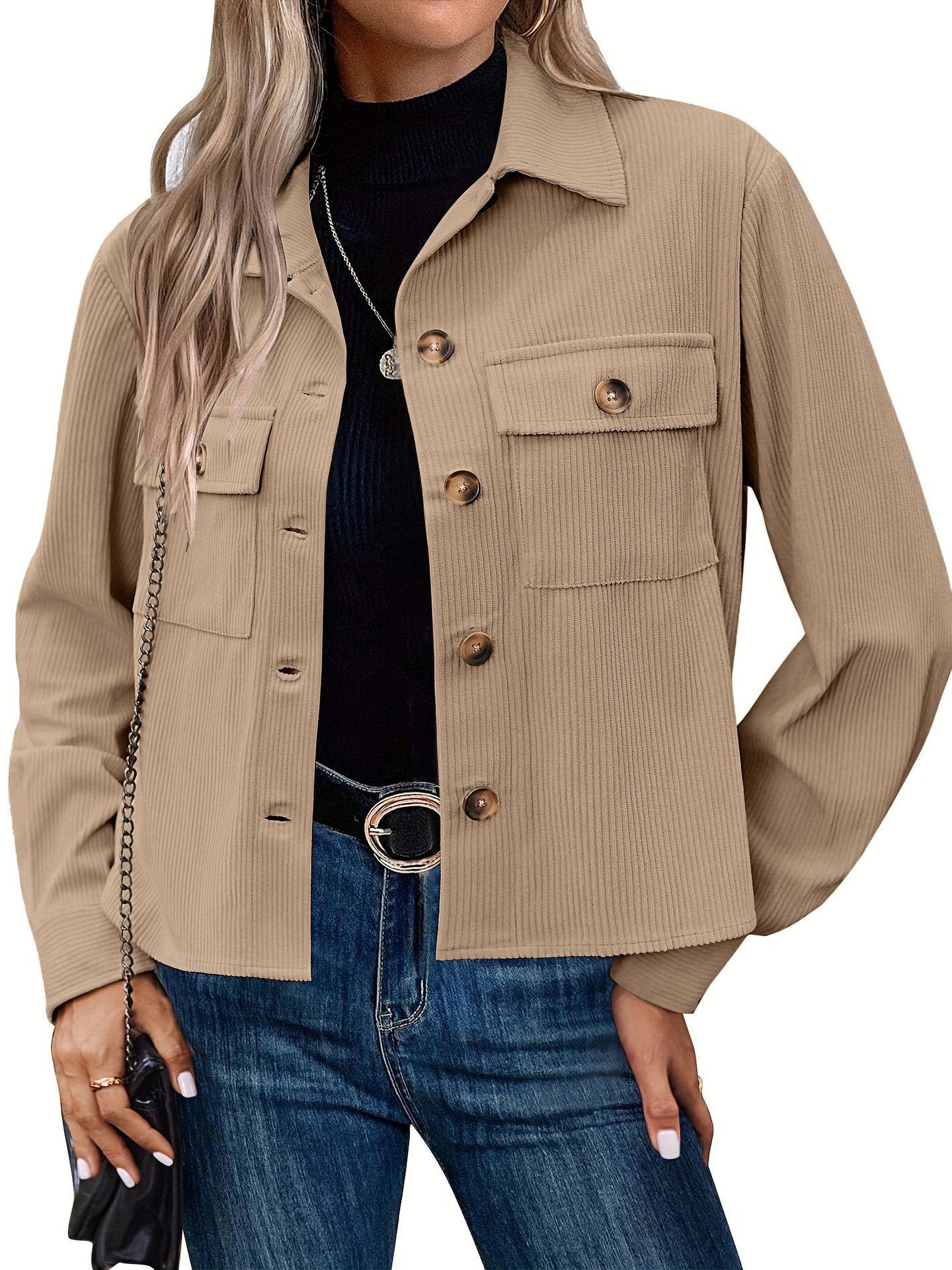 Women's Fashion Casual Short Short Corduroy Button Jacket - Image 3